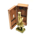 Brass Twin Pillar Travelling Microscope with plano-concave mirror, condenser lens, wheel focusing,