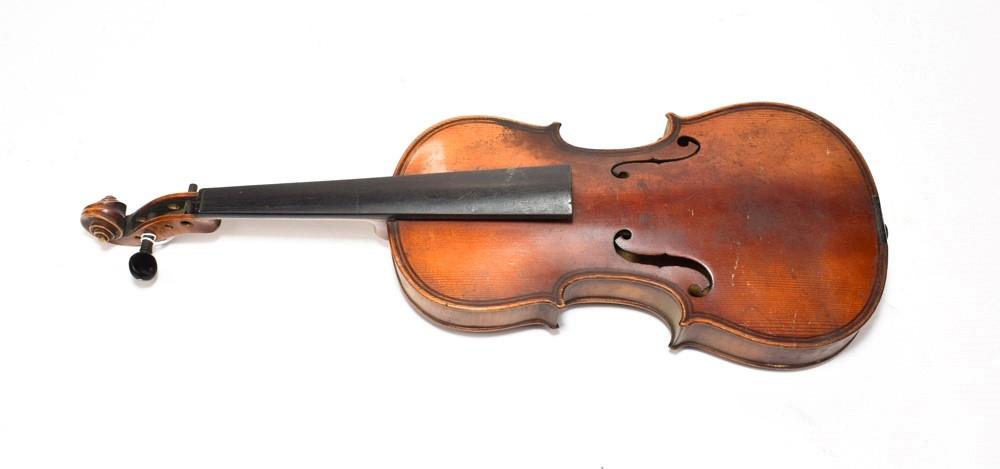 Violin 13 1/4'' two piece back ebony fingerboard, double purfling to front and back, no label