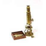 Brass Culpeper Type Microscope with 6'' barrel, concave mirror and a few prepared slides in bone