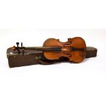 Violin 14'' two piece back, no label, case with bow