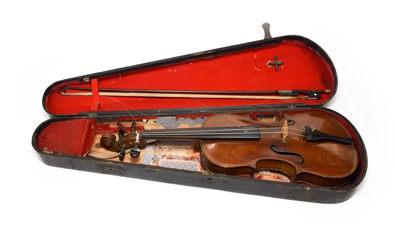 Violin 14 1/8'' two piece back, ebony fingerboard, branded 'Hopf' on back under button, cased with