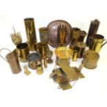 A Collection of First World War Trench Art, including vases of varying sizes made from brass shell