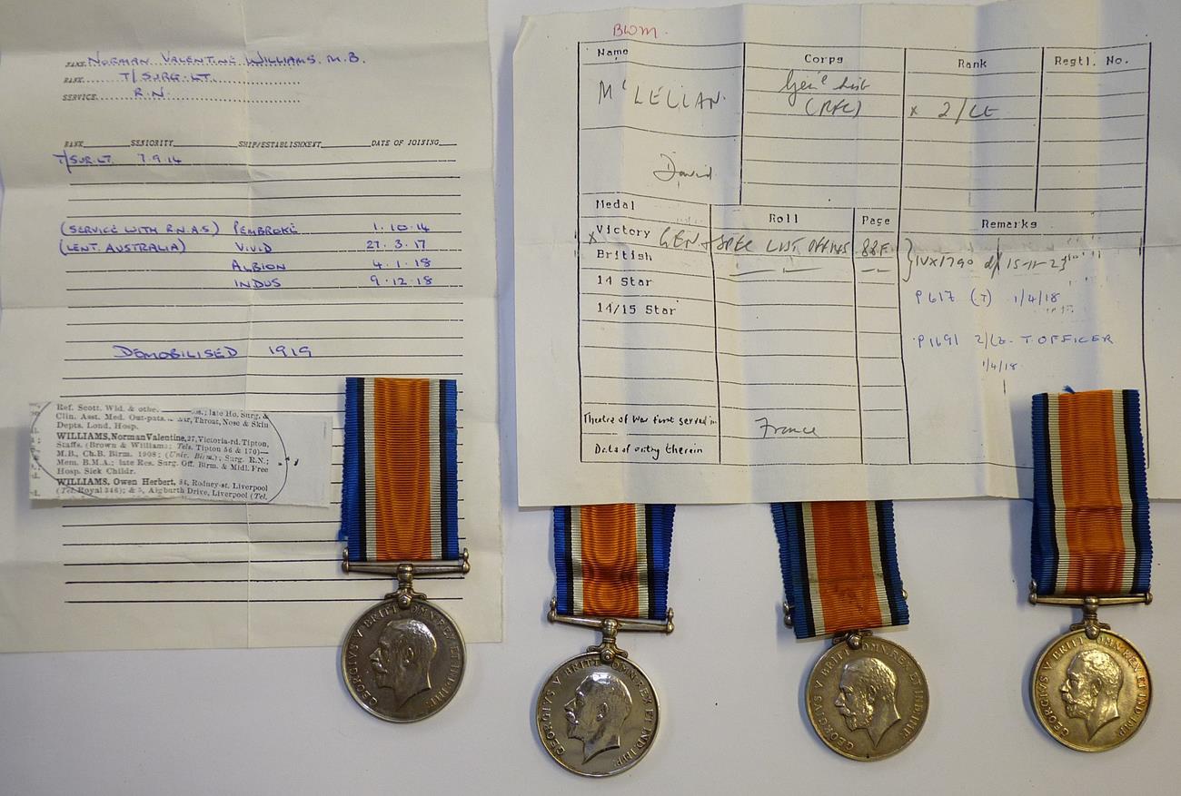 Four British War Medals, awarded to:- SURG.LT. N.V.WILLIAMS R.N. with a note Norman Valentine