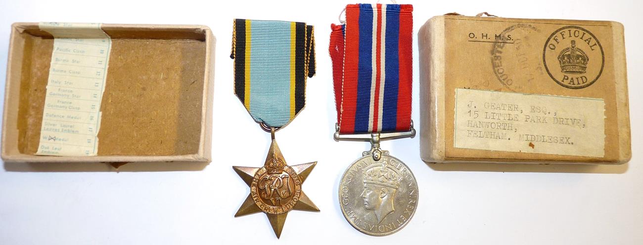 An Air Crew Europe Star and War Medal, with medal slip in Air Ministry box of issue addressed to J