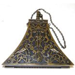 A Copy of a Saxony Mahogany Powder Flask, of trapezoid form, brass mounts pierced and cast with