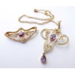 An Amethyst and Split Pearl Pendant, stamped '9CT' on chain (a.f.), chain length 43cm; and A Brooch,