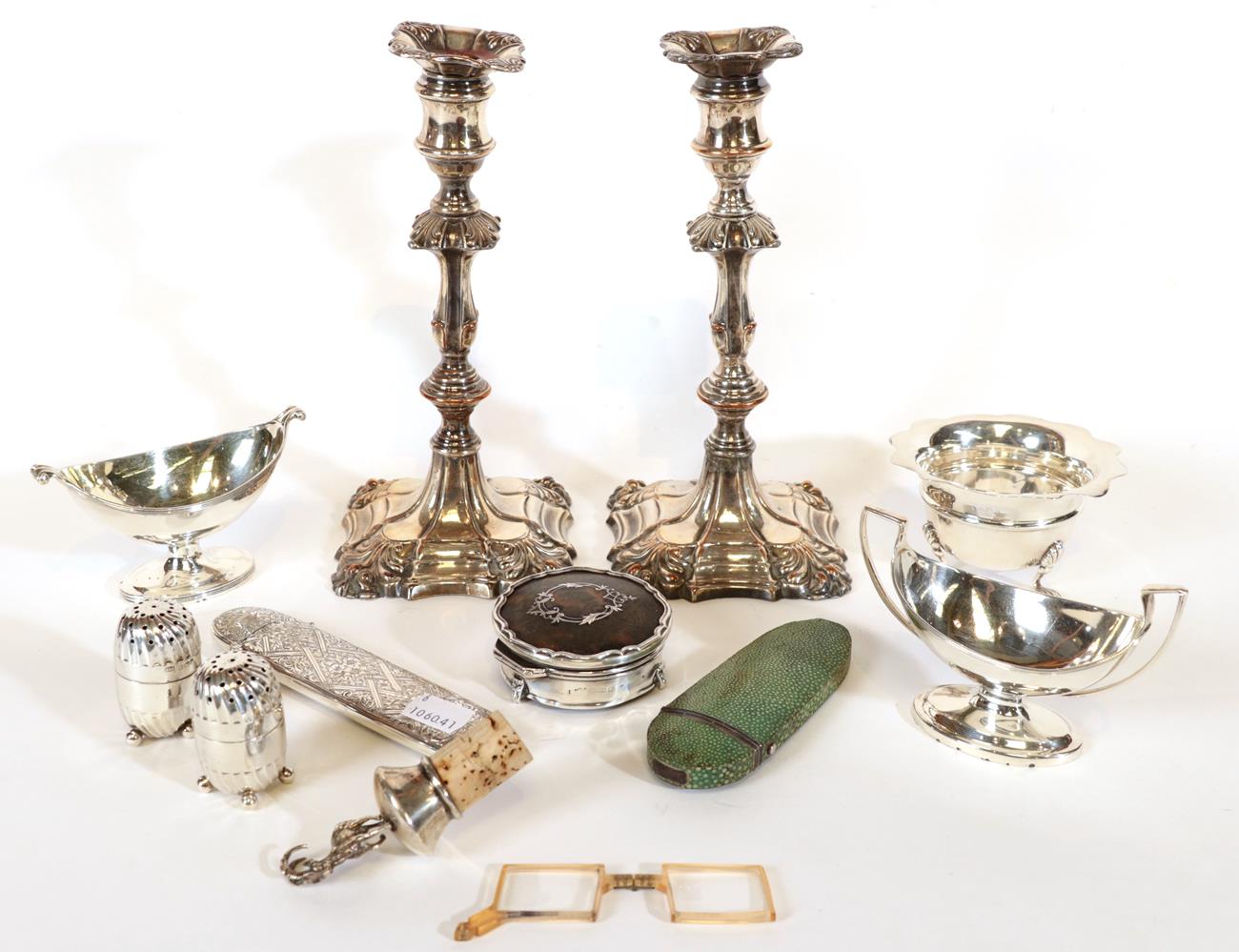 A Collection of Silver and Silver Plate, including: two George III silver salt-cellars, London, 1801