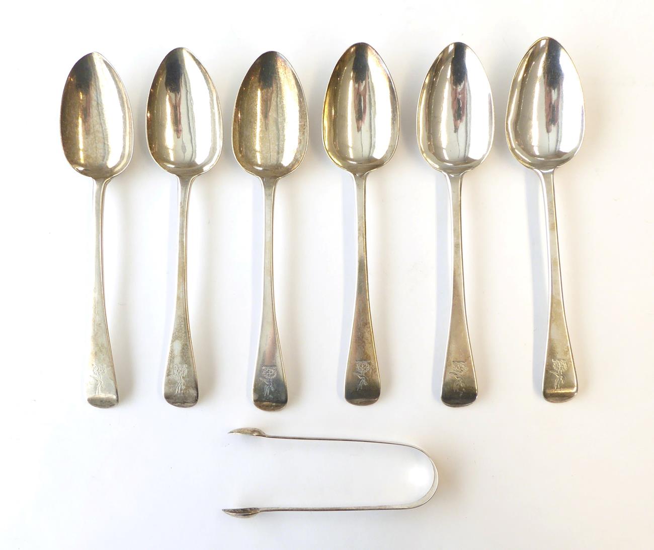 A Set of Six George IV Silver Table-Spoons and a Pair of George III Silver Sugar-Tongs, the table-