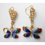 A Pair of Enamel Butterfly Drop Earrings, stamped '750', drop length 4cm (a.f.). Gross weight 6.4