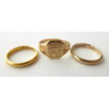 A 22 Carat Gold Band Ring, finger size I; A 9 Carat Gold Band Ring, finger size M; and A Signet