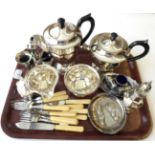 A Collection of Silver and Silver Plate, including: a set of condiment items; a green glass scent