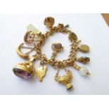A Charm Bracelet, with applied plaques stamped '9CT', hung with thirteen charms including seals,