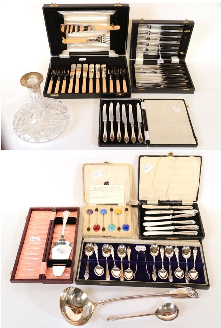 A Collection of Silver and Silver Plate Cased Flatware, including: tea-knives; coffee-spoons with