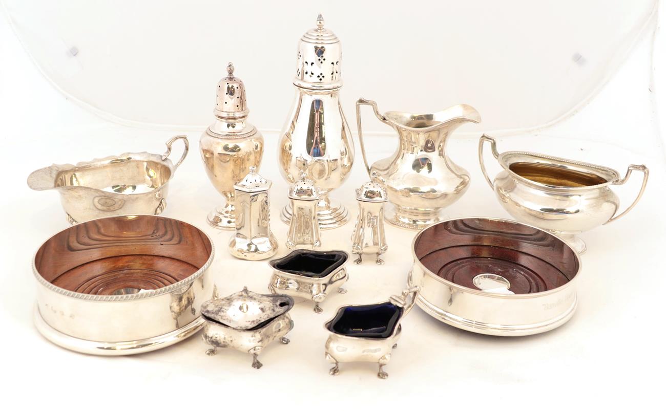 A Collection of Silver and Silver Plate, including: a five-piece condiment-set, comprising: two