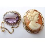 A Cameo Brooch, in a scroll frame stamped '9CT', measures 3.2cm by 3.8cm; and An Amethyst and Seed