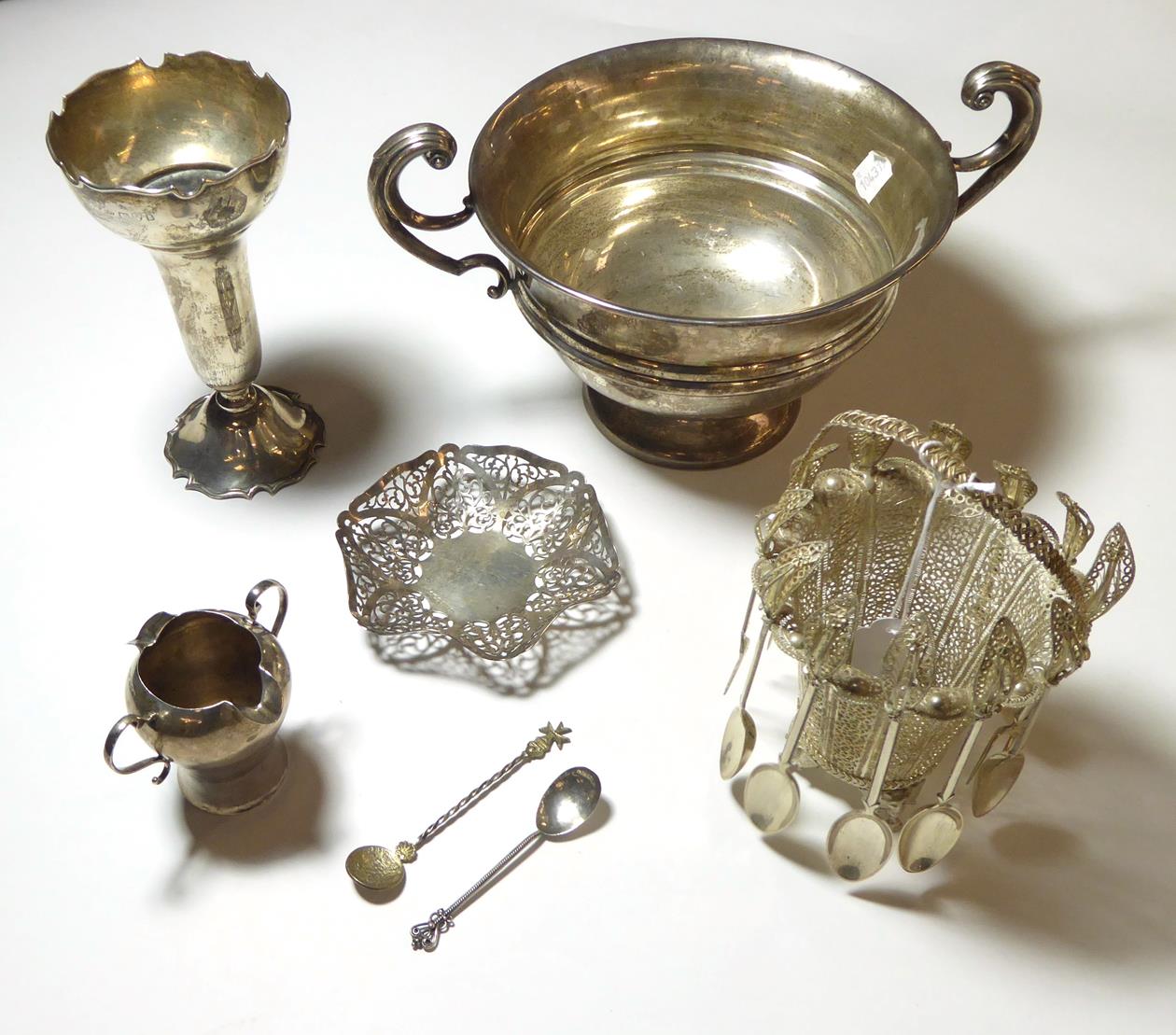 A Collection of Silver, including: a George V silver bowl, circular and with two leaf-capped