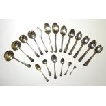 An Assorted Group of 18th Century and Later Silver Flatware, including: a pair of Old English