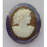 A Cameo Brooch, with a blue enamelled frame, measures 4.7cm by 5.6cm . Gross weight 23.6 grams.
