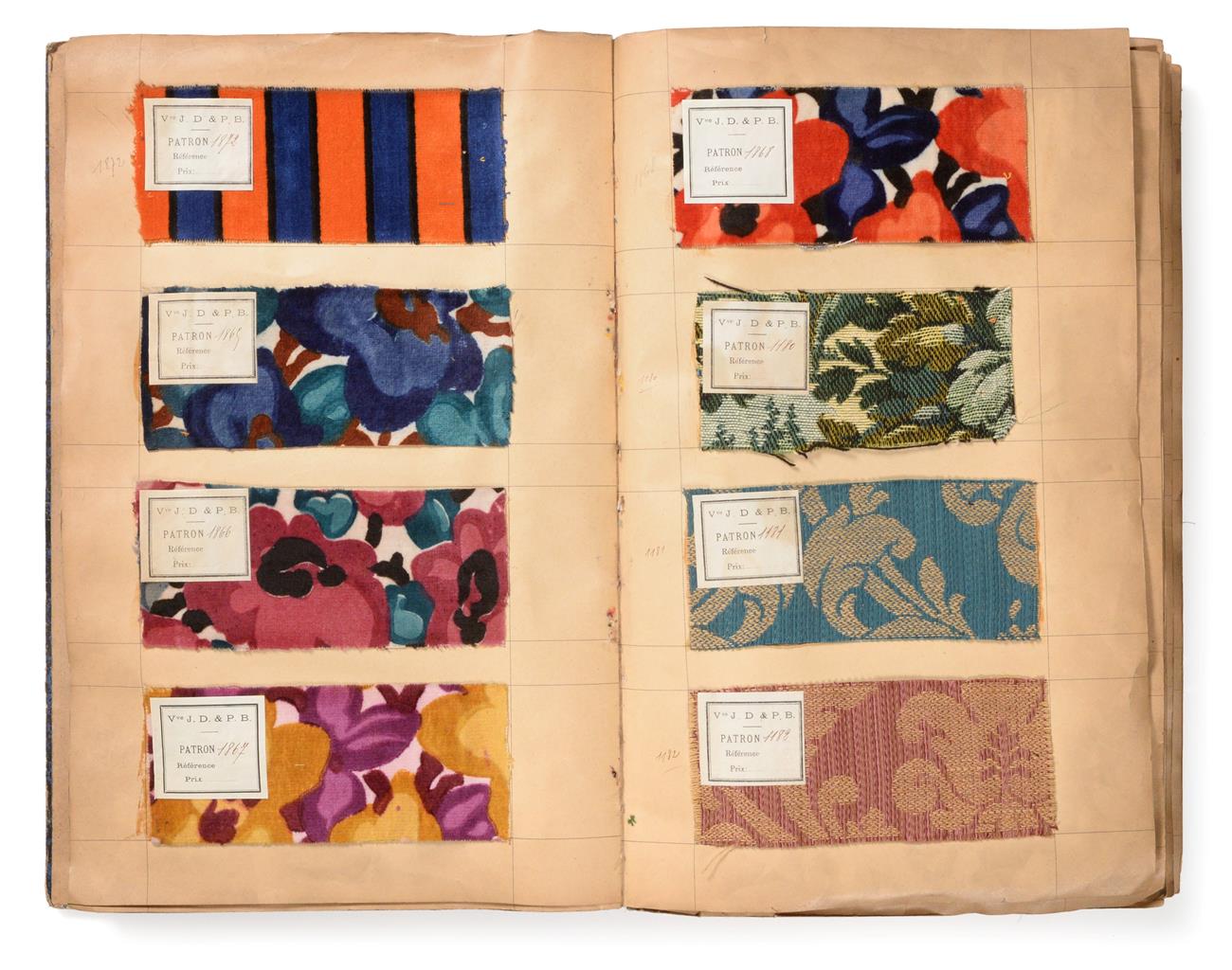 French Fabric Sample Book, circa 1930's Enclosing printed and cut velvets and jacquards in vibrant