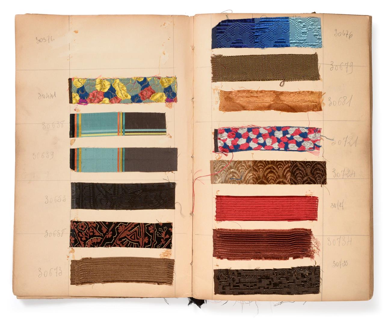 French Fabric Sample Book, early 20th century Including coloured, textured, striped, brocade