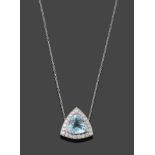 An Aquamarine and Diamond Cluster Pendant on Chain, the trilliant cut aquamarine in a white