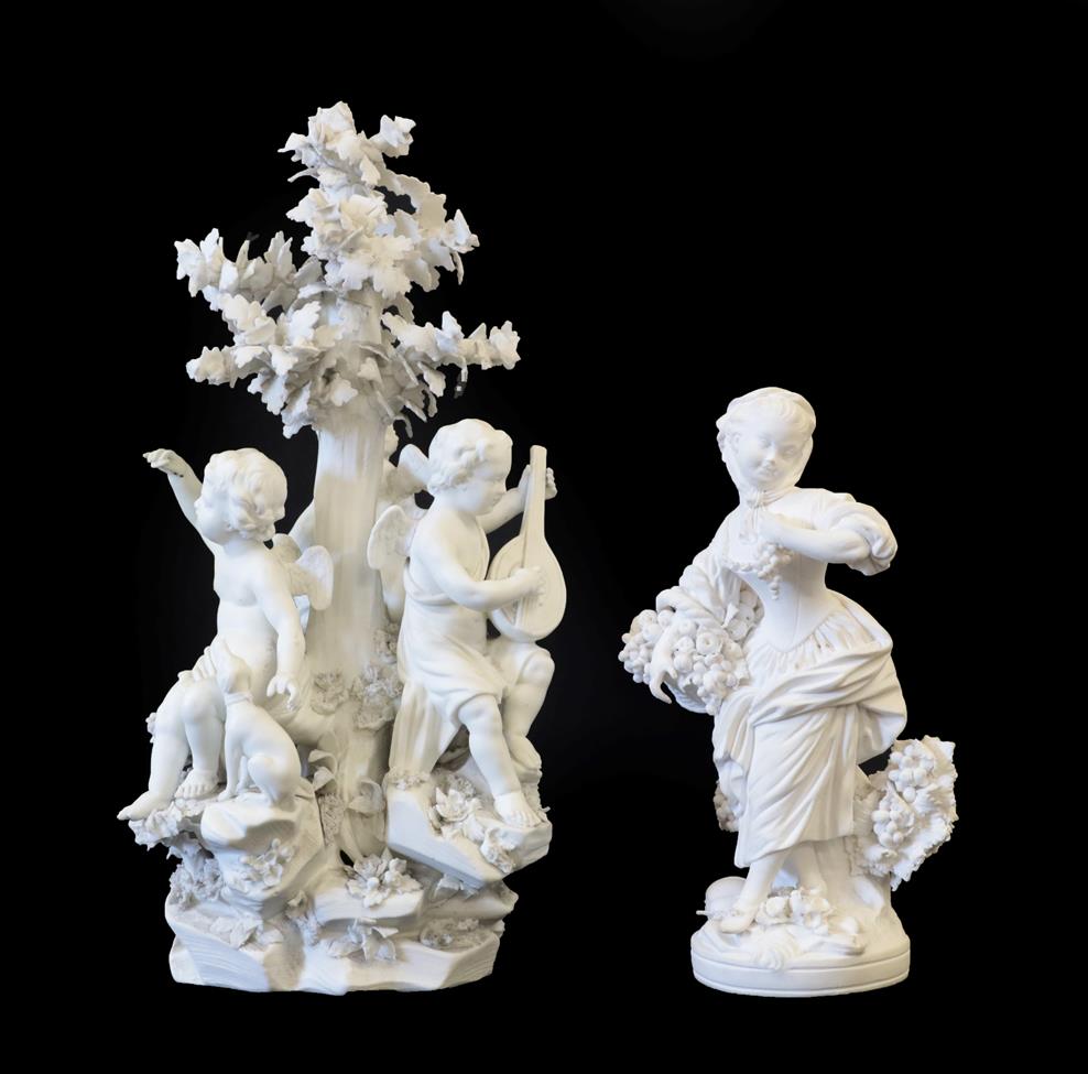 A Derby Bisque Porcelain Figure Group, circa 1780, as three putti about a tree, one with a mandolin,