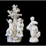A Derby Bisque Porcelain Figure Group, circa 1780, as three putti about a tree, one with a mandolin,
