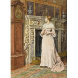 George Goodwin Kilburne RI, RBA (1839-1924) The Timepiece - an elegant lady standing in an