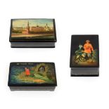 Russian School (mid 20th century): A Black Lacquered Papier Mache Box, probably Fedoskino, the lid