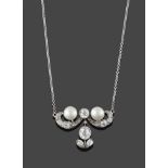 A Diamond and Pearl Necklace, circa 1900, an old cut diamond flanked by two button pearls within a