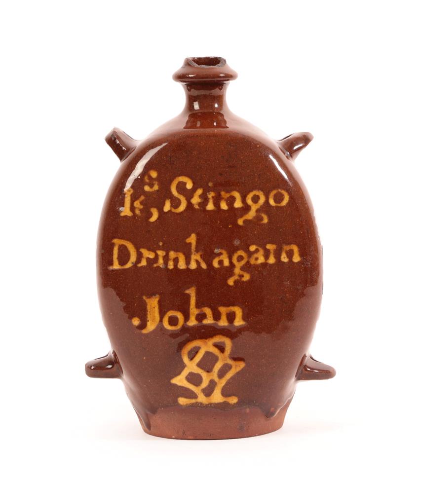 A Slipware Flask, dated 1795, of flattened ovoid form with four loop handles, inscribed Jno,
