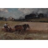Owen Bowen ROI, PRCamA (1873-1967) Team of plough horses at work Oil on canvas, 28.5cm by 44cm