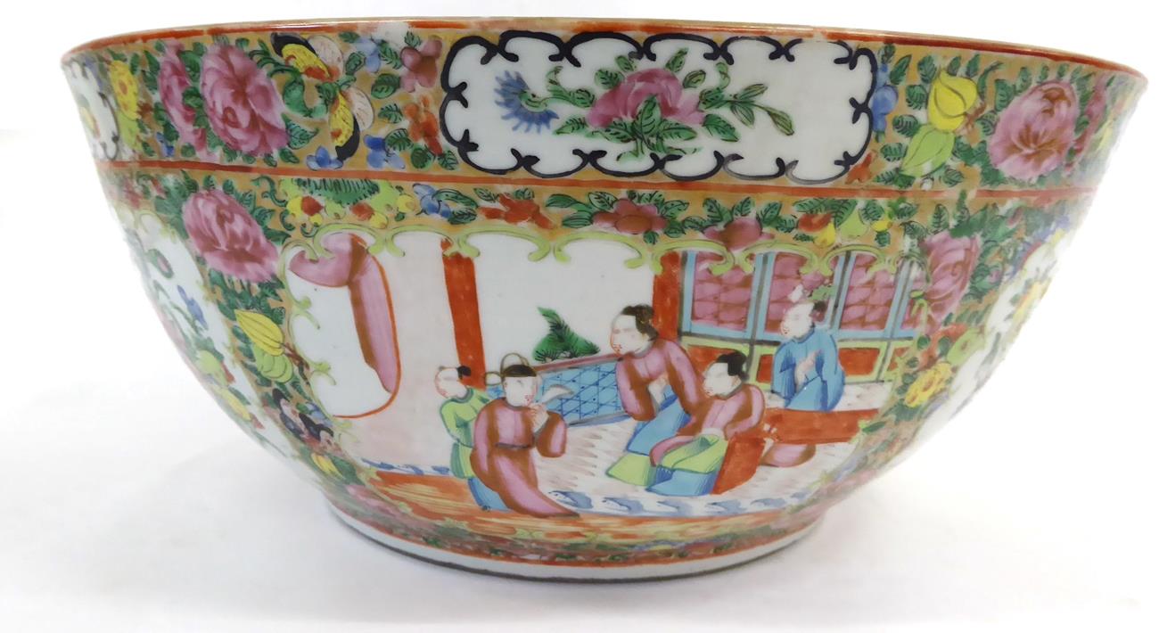 A Cantonese Porcelain Punch Bowl, mid 19th century, typically painted in famille rose enamels with - Image 4 of 7