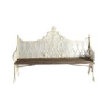 A Coalbrookdale Style Painted Metal Garden Bench, modern, the scrolled arms with six wooden slats,