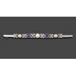 A Sapphire, Diamond, Cultured Pearl and Enamel Brooch, three cultured pearls alternate with two oval