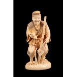 A Japanese Ivory Okimono as a Woodsman, Meiji period, standing holding a gourd and an axe, bamboo