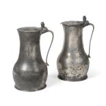 A Pair of Jersey Pewter Flagons, mid 18th century, by John de St Croix, of baluster form with