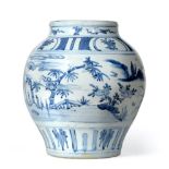 A Chinese Porcelain Ovoid Jar, Wanli period, painted in underglaze blue with deer in landscape