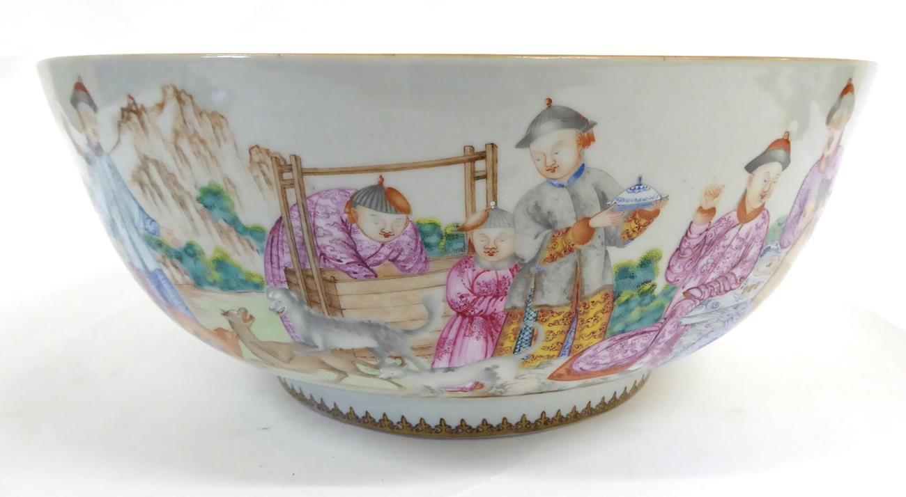 A Chinese Porcelain Punch Bowl, Qianlong, painted in famille rose enamels with figures at various - Image 7 of 7