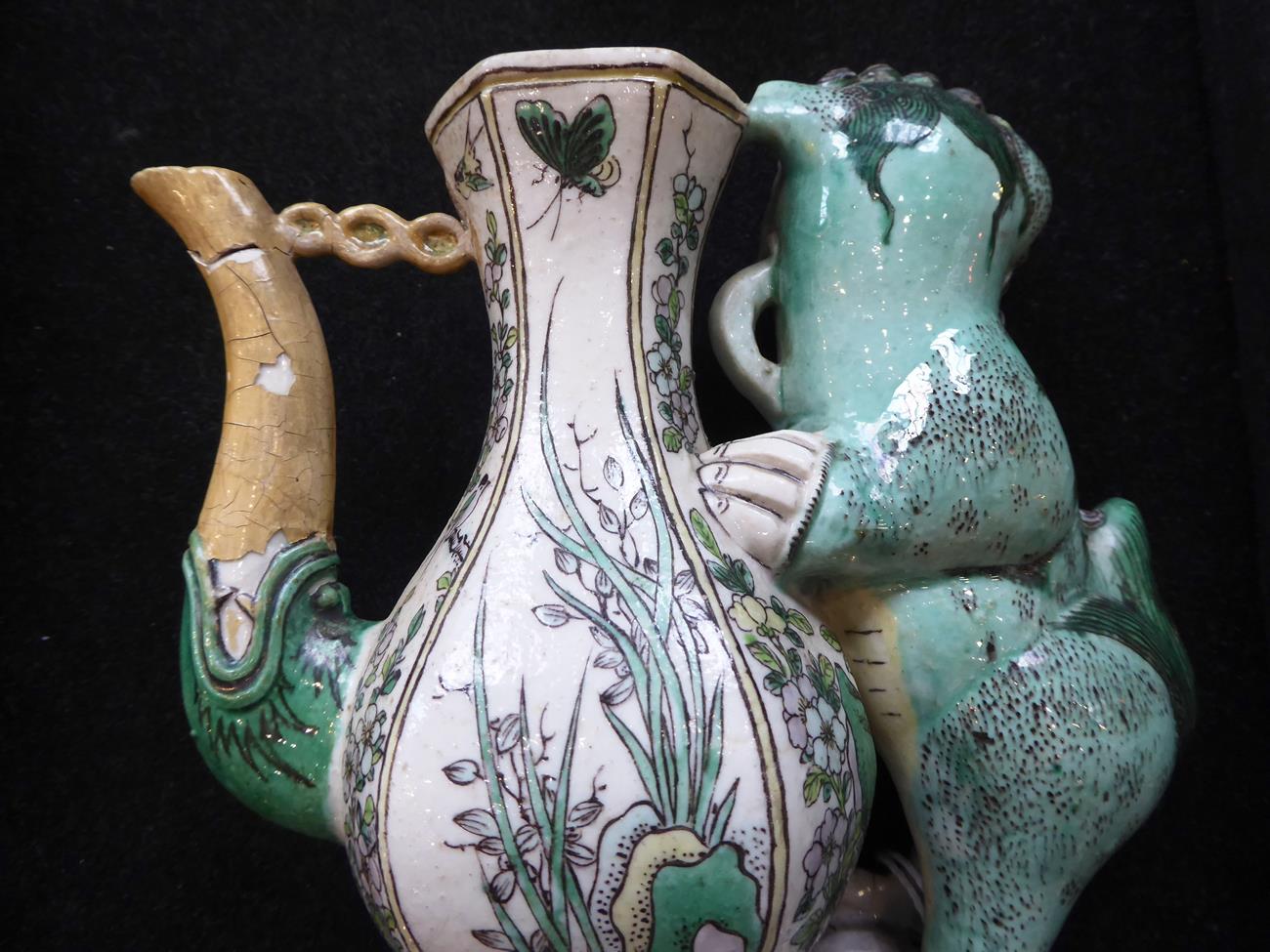 A Pair of Chinese Bisque Ewers and A Cover, in Kangxi style, of baluster form with dog of fo handles - Image 8 of 16