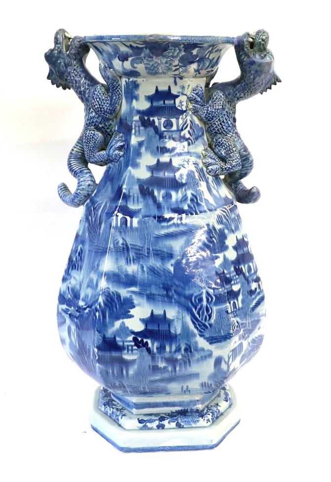 A Masons Ironstone Alcove Vase, circa 1820, of hexagonal baluster form with dragon handles,