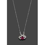 A Ruby and Diamond Necklace, the oval cut ruby within a scroll mount set throughout with eight-cut