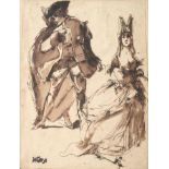 *Watt (19th century) Study of two figures from the Venetian Carnival Signed, ink and wash, 15cm by