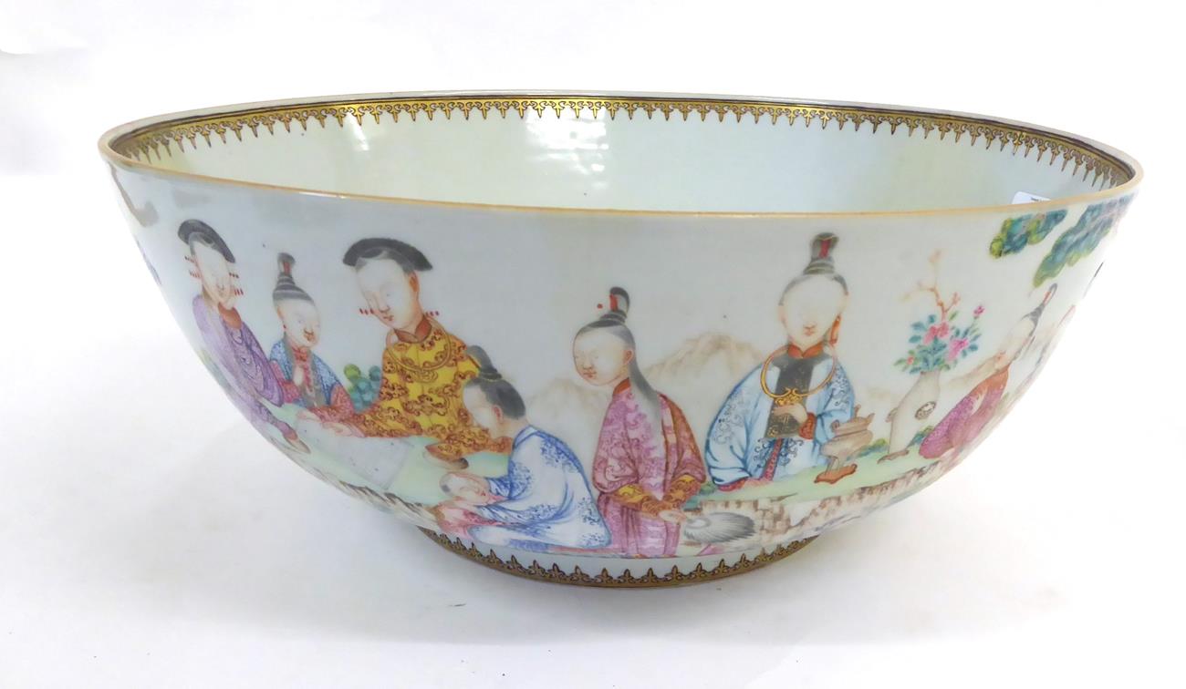 A Chinese Porcelain Punch Bowl, Qianlong, painted in famille rose enamels with figures at various - Image 5 of 7