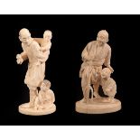 A Japanese Ivory Okimono as a Father, Meiji period, carrying a child on his back, a further child