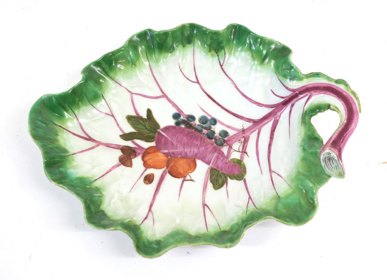 A Chelsea Porcelain Leaf Shaped Dessert Dish, circa 1758, naturalistically modelled and painted with