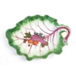 A Chelsea Porcelain Leaf Shaped Dessert Dish, circa 1758, naturalistically modelled and painted with