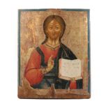 Serbian School (mid 18th century): An Icon of Christ Pantocrator, with right hand raised, a book