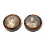A Pair of Tortoiseshell Portrait-Miniature Snuff-Boxes, 19th Century, each circular, the pull off