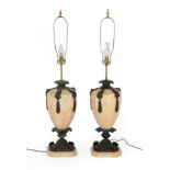 A Pair of Bronze Mounted Marble Lamp Bases, 20th century, of leaf sheathed octagonal baluster